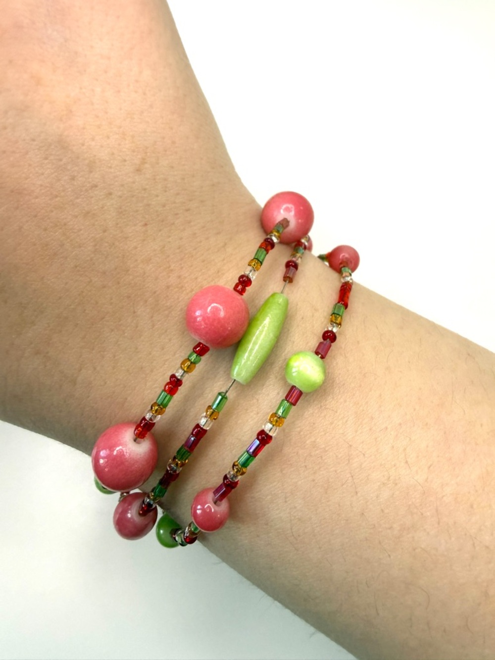 Handmade Pink and Green Beaded Wrap Bracelet - Women Jewelry